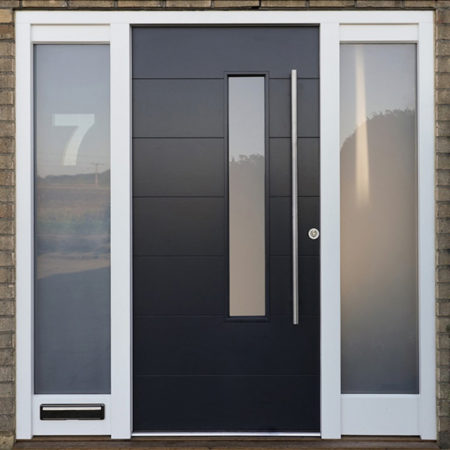 contempoary timber front door black with stainless steel hardware