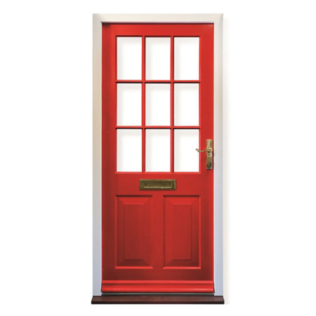 historic timber entrance door red with putty glazing