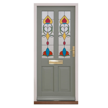 traditional timber entrance door in pebble grey with stained glass