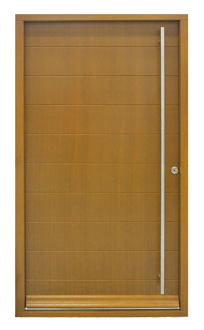 Large contemporary door with modern chrome handle and stained finish