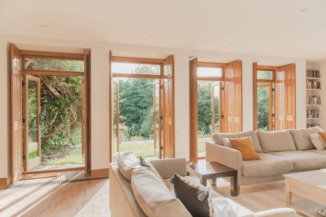 set of four hardwood timber french doors stained.