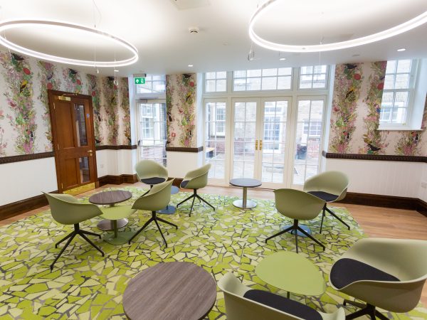 Communal area in university with George Barnsdale french doors, sliding sash window and fire escape door to match