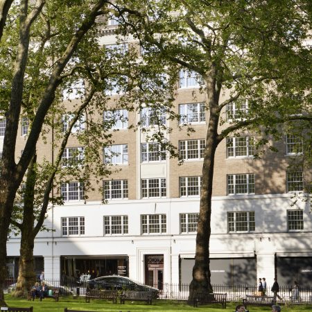 Front view of Twenty Berkeley Square, London showing George Barnsdale timber sliding sash windows