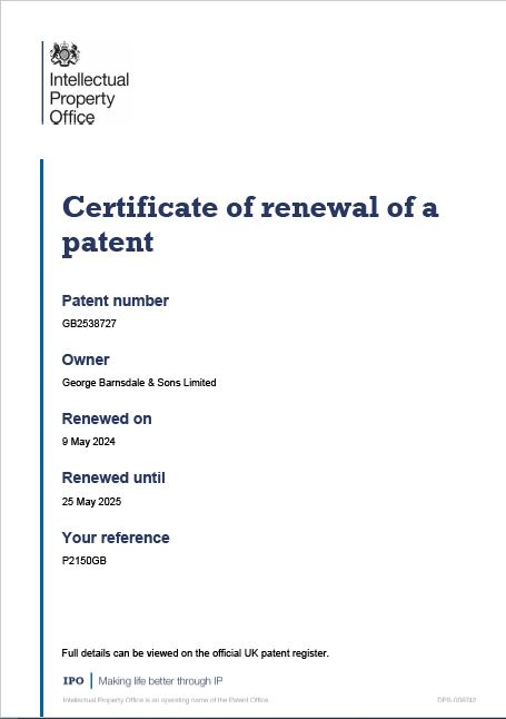 Certificate of Renewal of a Patent